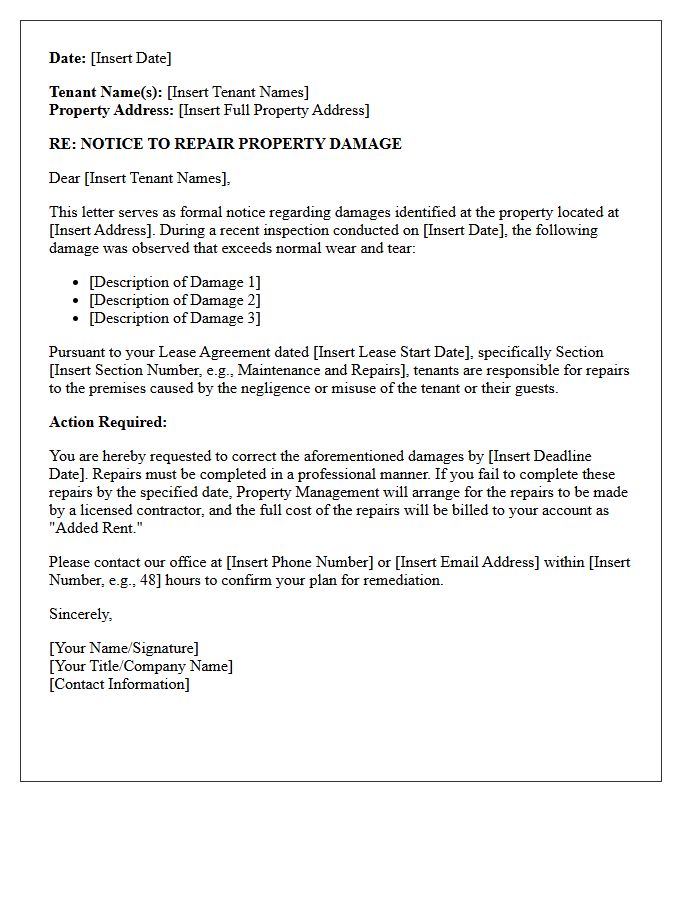 Property Management Demand Letter for Tenant-Caused Damage Correction
