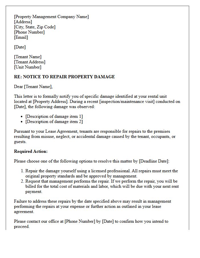 Property Management Letter to Correct Tenant-Caused Damage