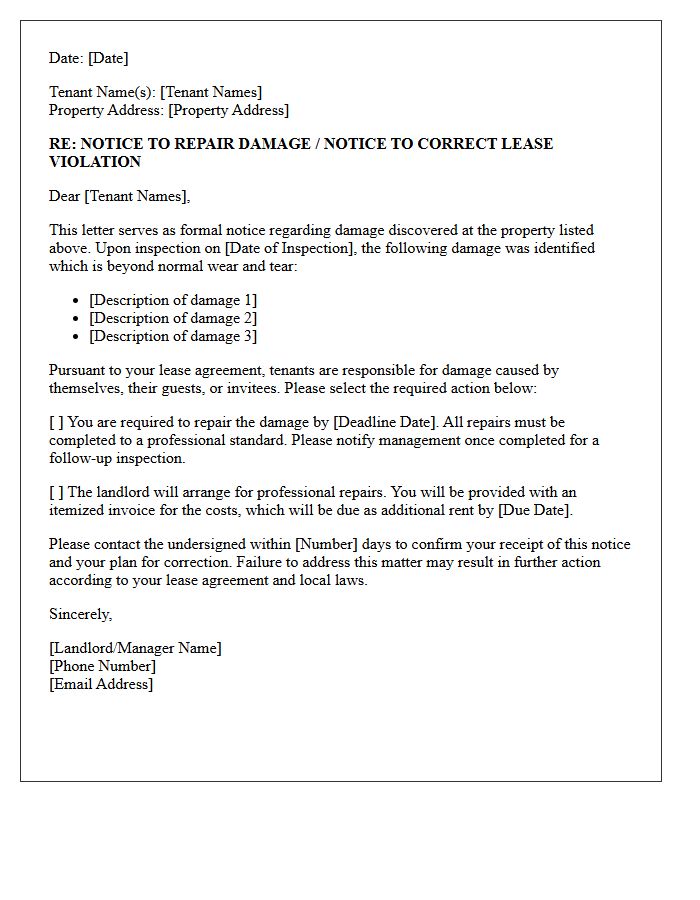 Tenant-Caused Damage Repair and Correction Notice Letter