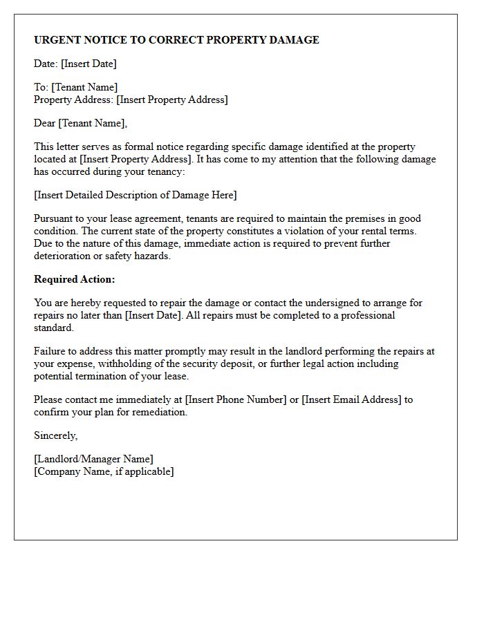 Urgent Letter of Notice to Correct Tenant Property Damage