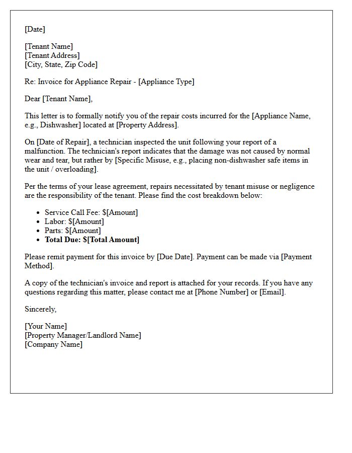 Appliance Misuse Repair Invoice Letter