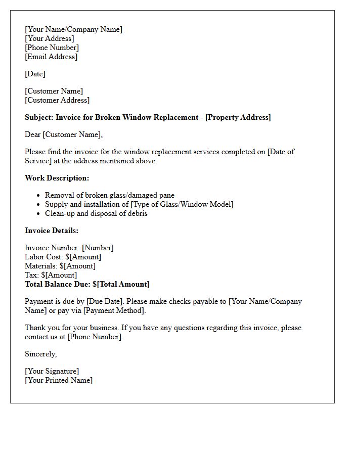 Broken Window Replacement Invoice Letter