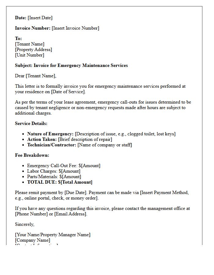 Emergency Maintenance Charge Invoice Letter