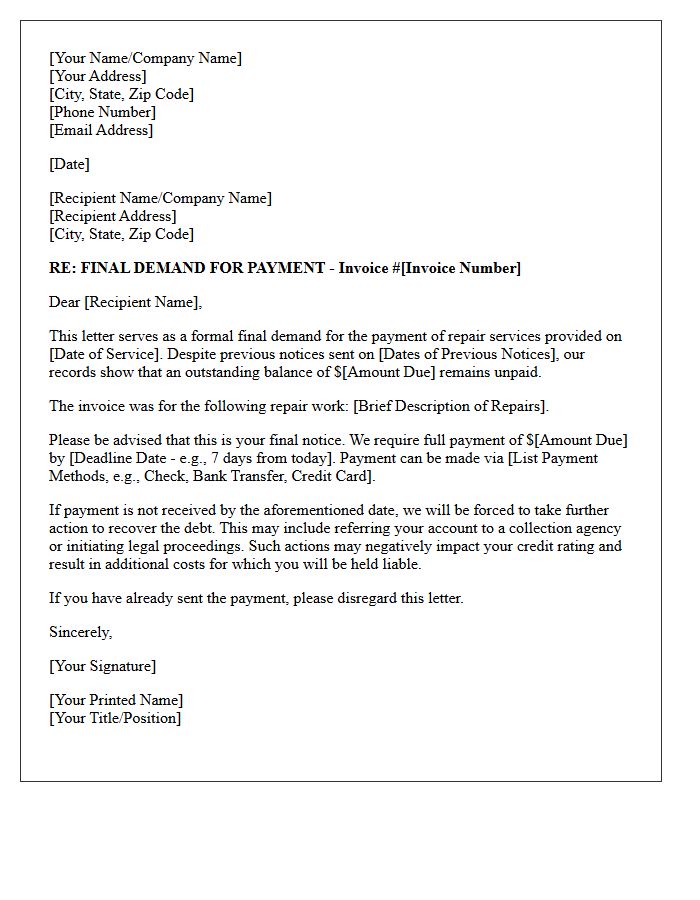 Final Demand for Repair Invoice Payment Letter
