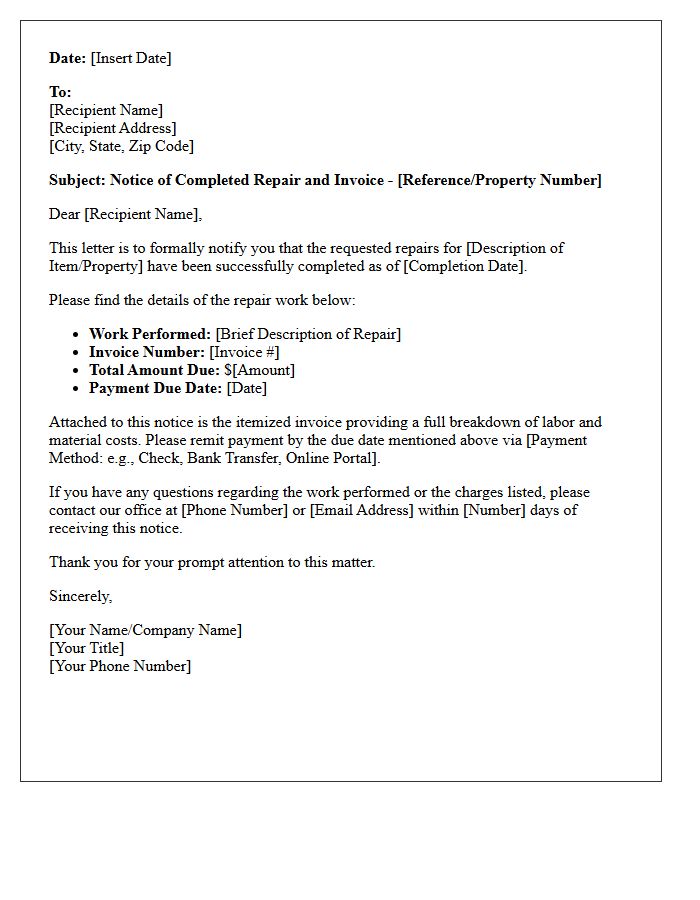 Initial Notice of Repair Invoice Letter