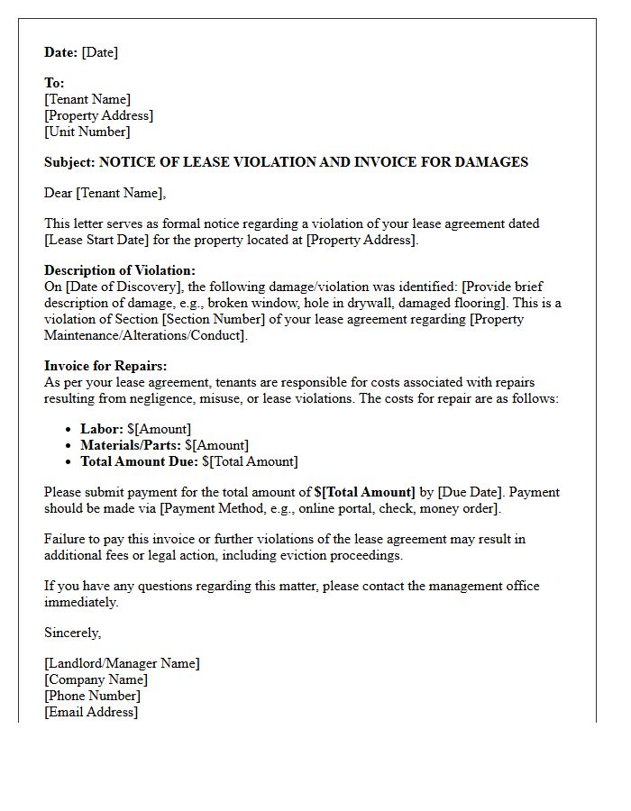 Lease Violation Damage Invoice Letter