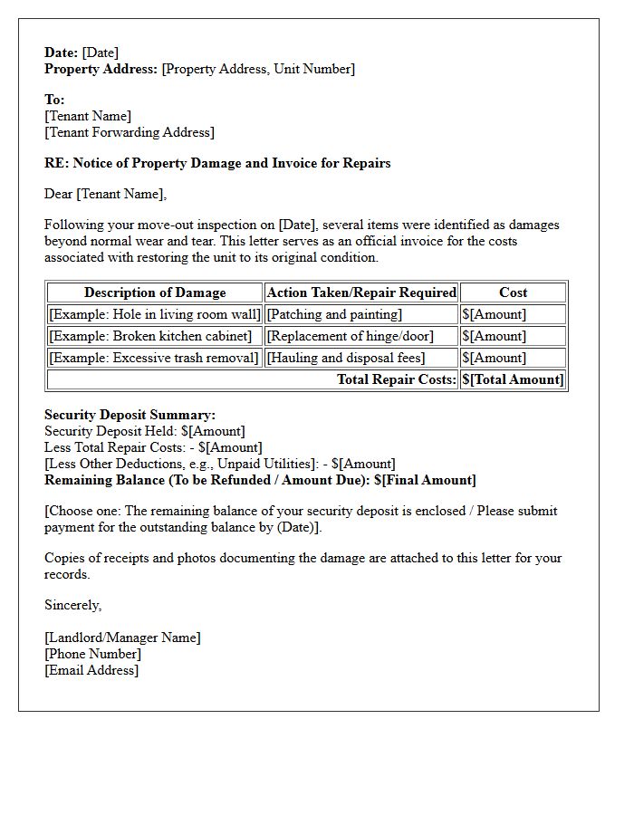 Move-Out Damage Repair Invoice Letter