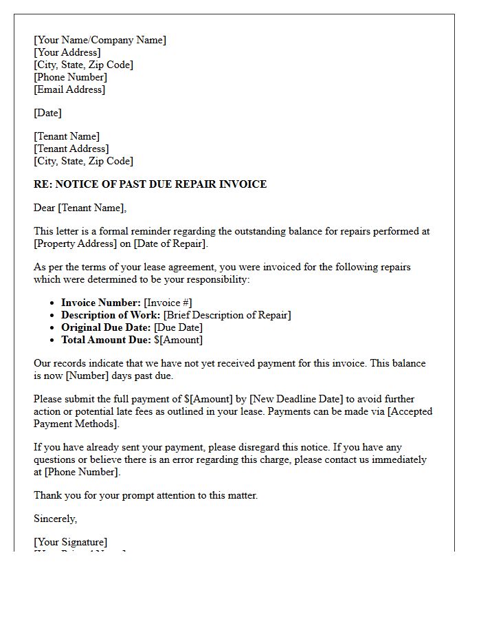 Past Due Tenant Repair Invoice Letter