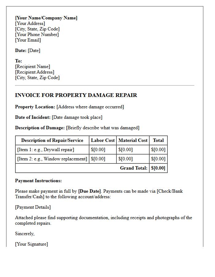 Property Damage Repair Cost Invoice Letter