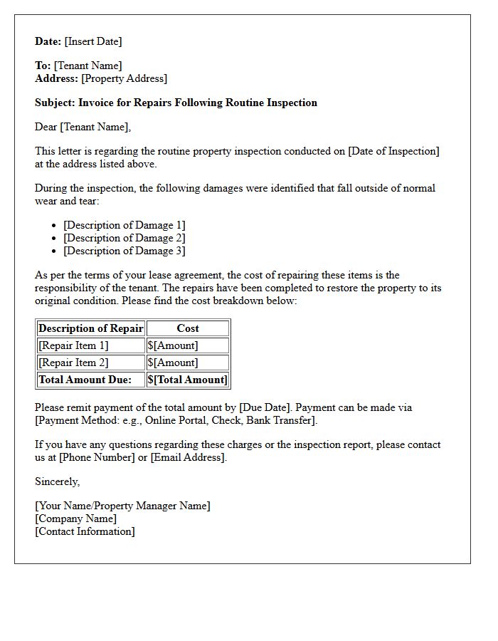 Routine Inspection Damage Repair Invoice Letter