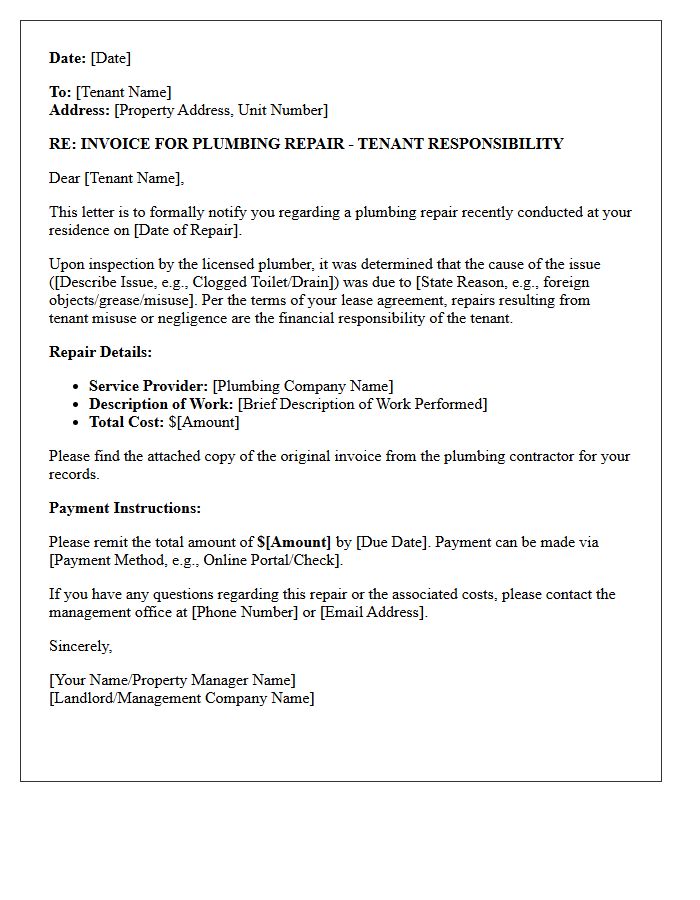 Tenant-Responsible Plumbing Repair Invoice Letter
