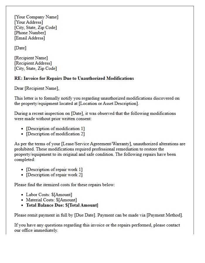 Unauthorized Modification Repair Invoice Letter