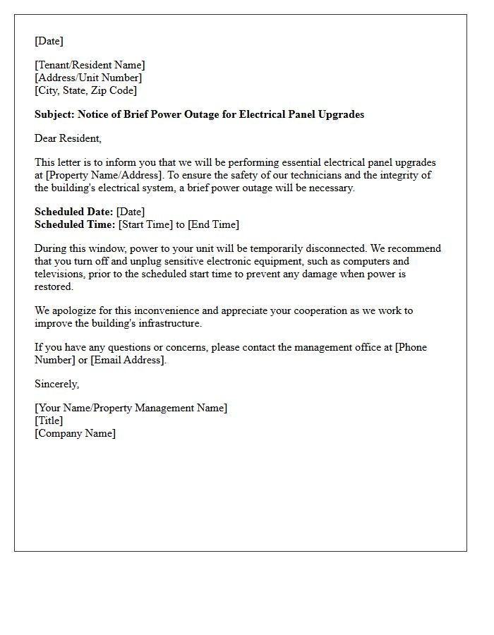 Brief Power Outage for Electrical Panel Upgrades Letter