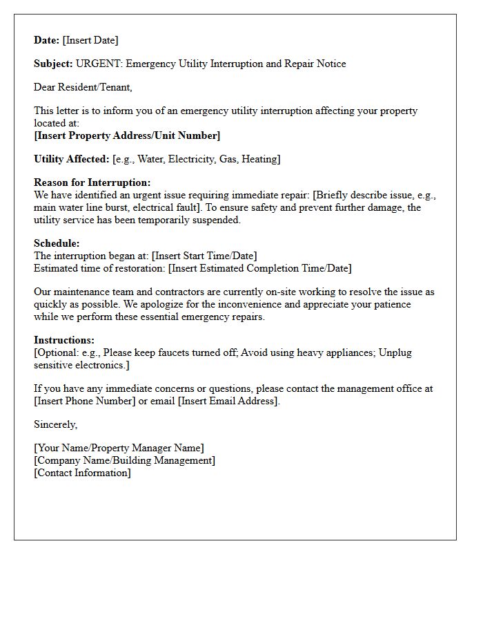 Emergency Utility Interruption and Repair Notification Letter