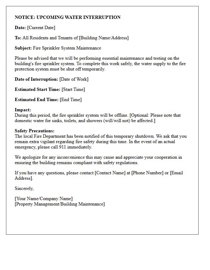 Fire Sprinkler System Maintenance Water Interruption Letter