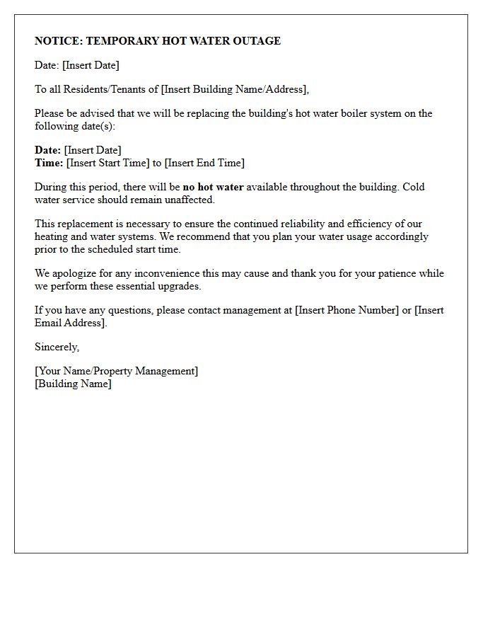 Hot Water Boiler Replacement Temporary Outage Letter