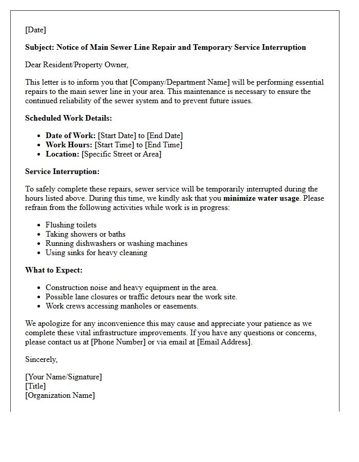 Main Sewer Line Repair and Service Interruption Letter