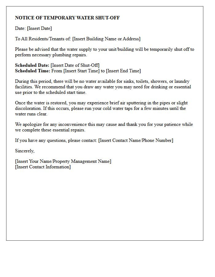 Notice of Temporary Water Shut-Off for Plumbing Repairs Letter
