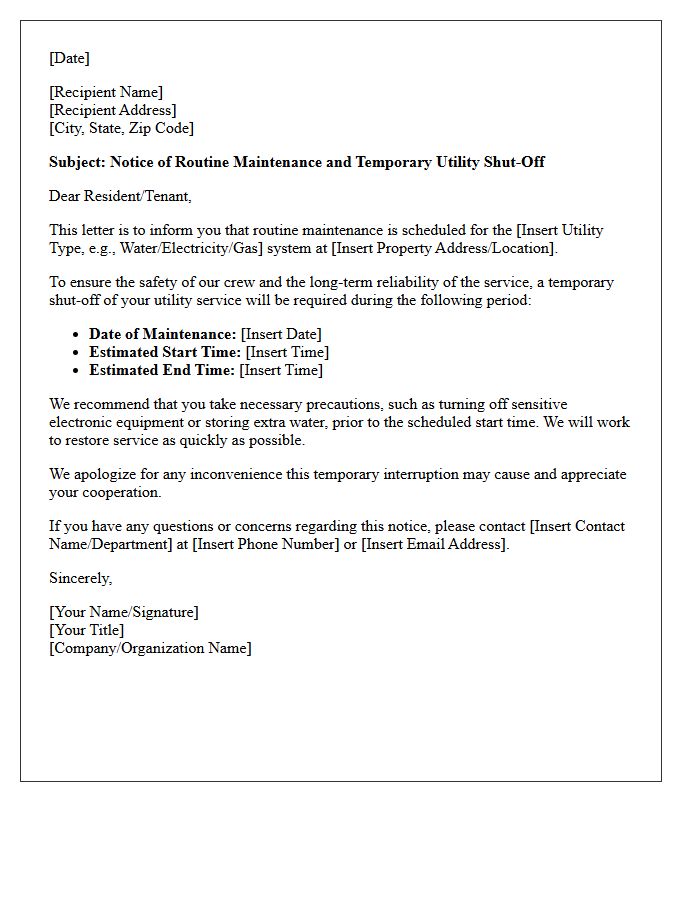 Routine Utility Maintenance and Temporary Shut-Off Letter