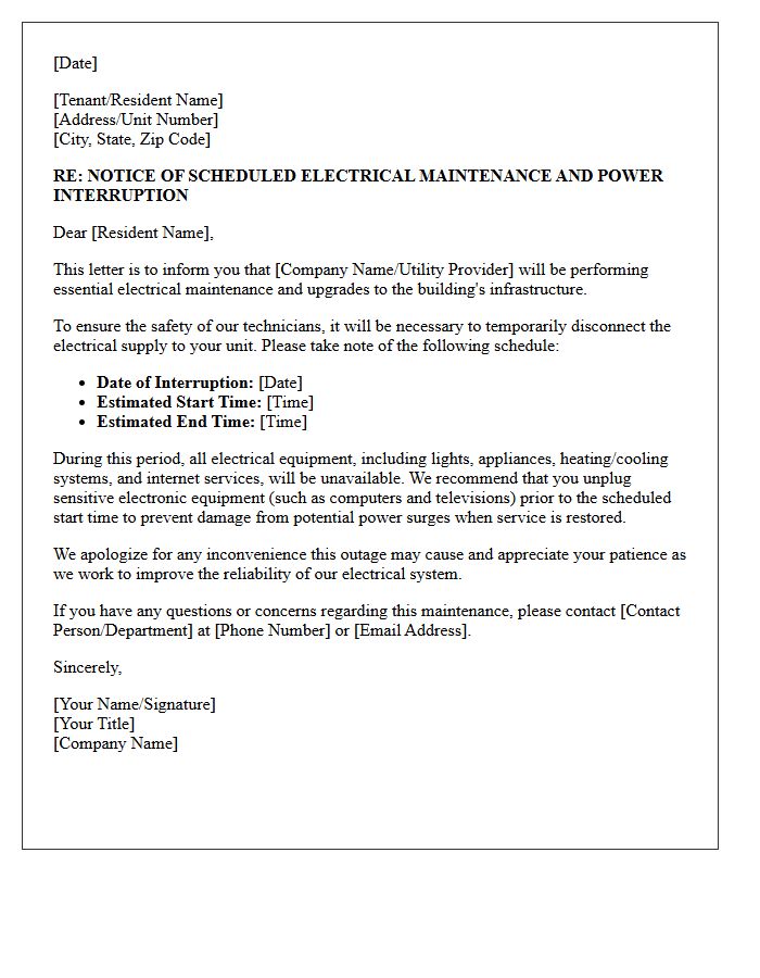 Scheduled Electrical Maintenance Utility Interruption Letter