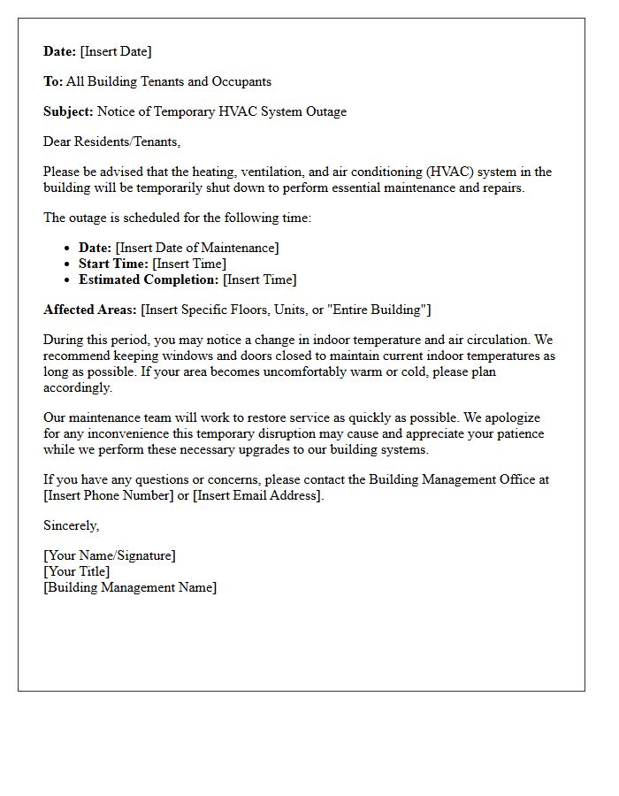 Temporary HVAC System Outage for Building Maintenance Letter