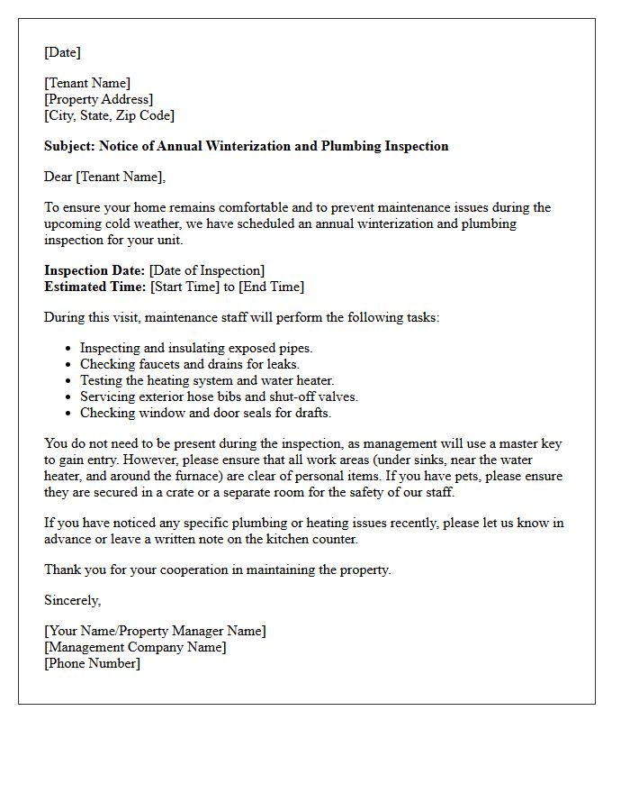 Annual Winterization and Plumbing Inspection Letter