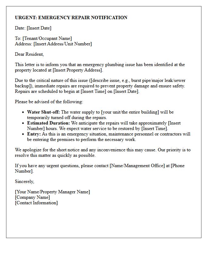 Emergency Plumbing Repair Notification Letter