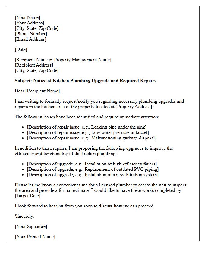 Kitchen Plumbing Upgrade and Repair Letter
