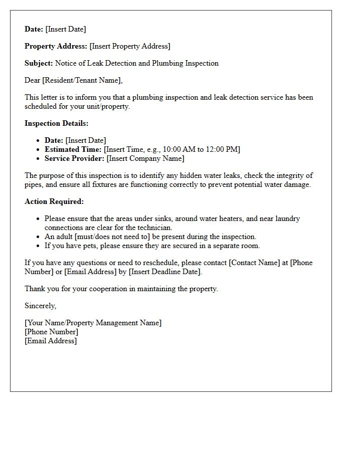 Leak Detection and Plumbing Inspection Letter
