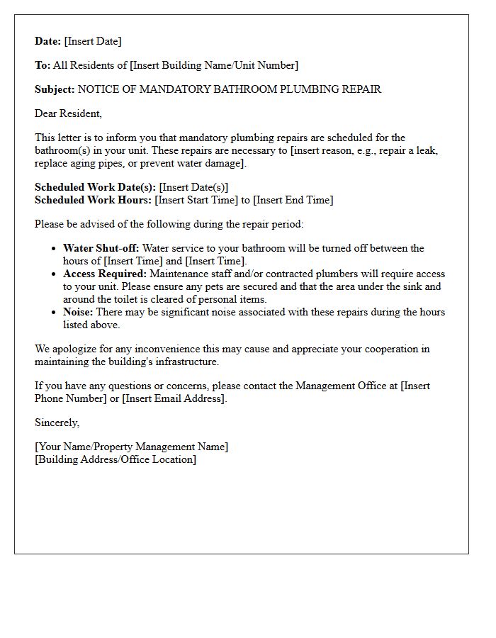 Mandatory Bathroom Plumbing Repair Notice Letter