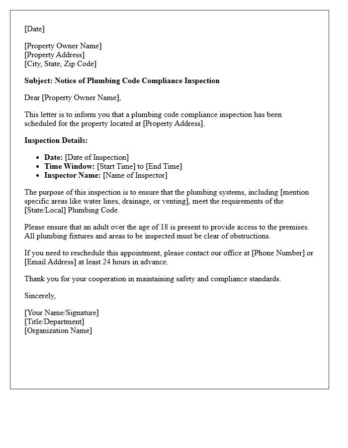 Plumbing Code Compliance Inspection Letter