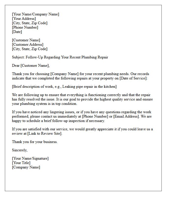 Post-Repair Plumbing Inspection Follow-Up Letter