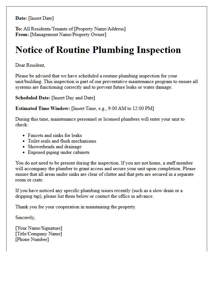 Routine Plumbing Inspection Notice Letter