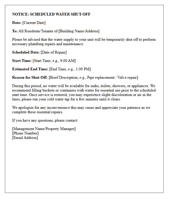 Scheduled Water Shut-Off and Plumbing Repair Letter