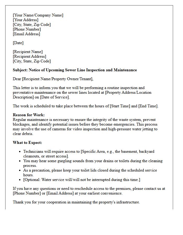 Sewer Line Inspection and Maintenance Letter