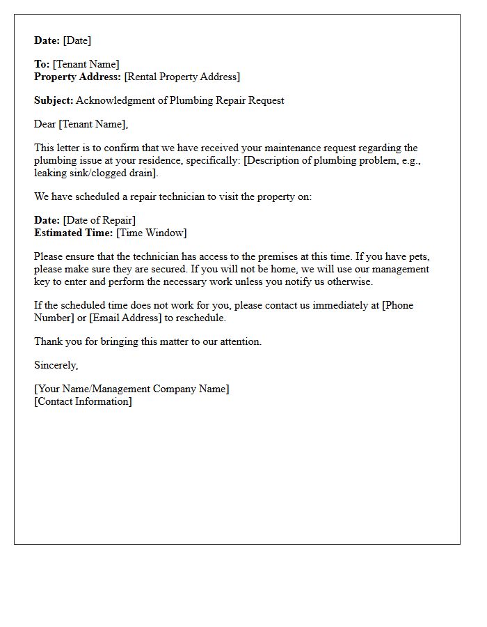 Tenant Requested Plumbing Repair Acknowledgment Letter