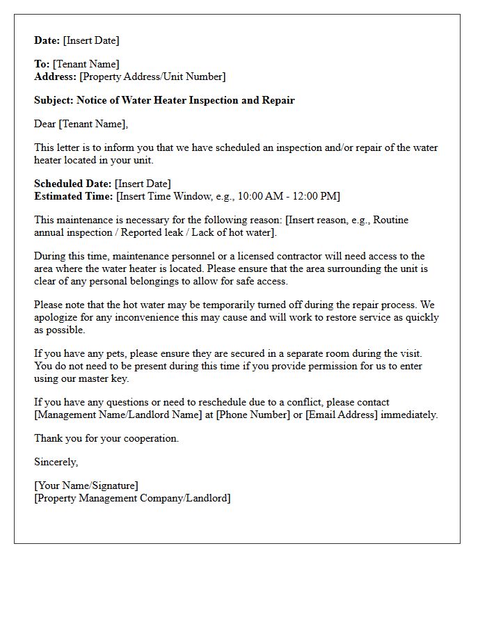 Water Heater Inspection and Repair Notice Letter