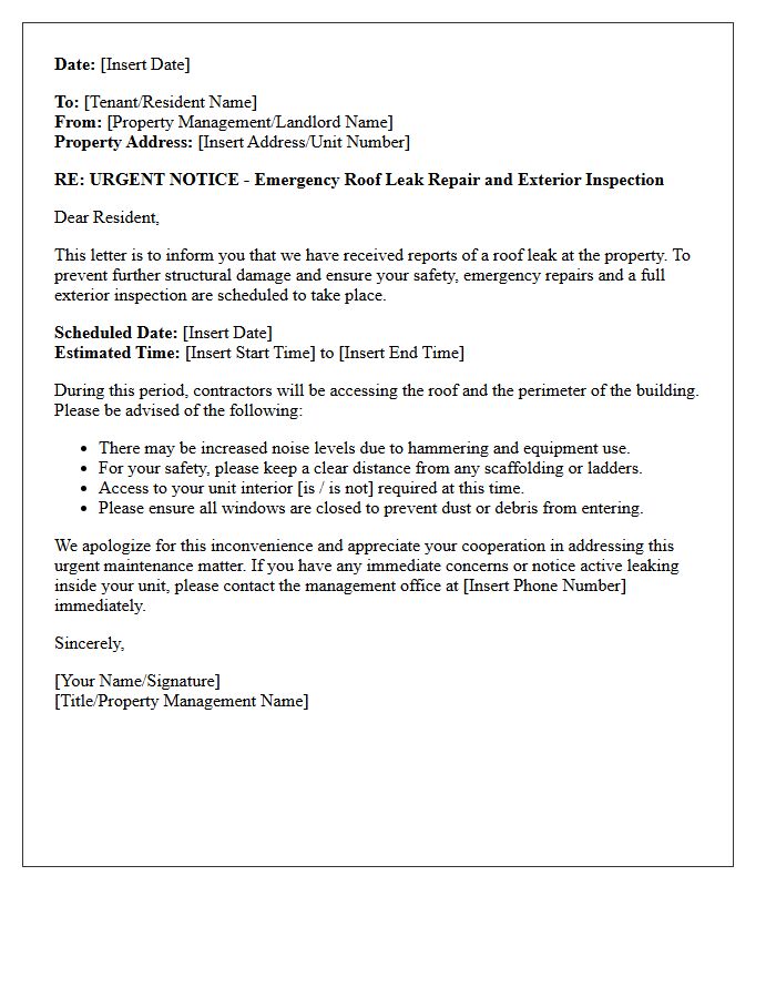 Emergency Roof Leak Repair and Exterior Inspection Notification Letter