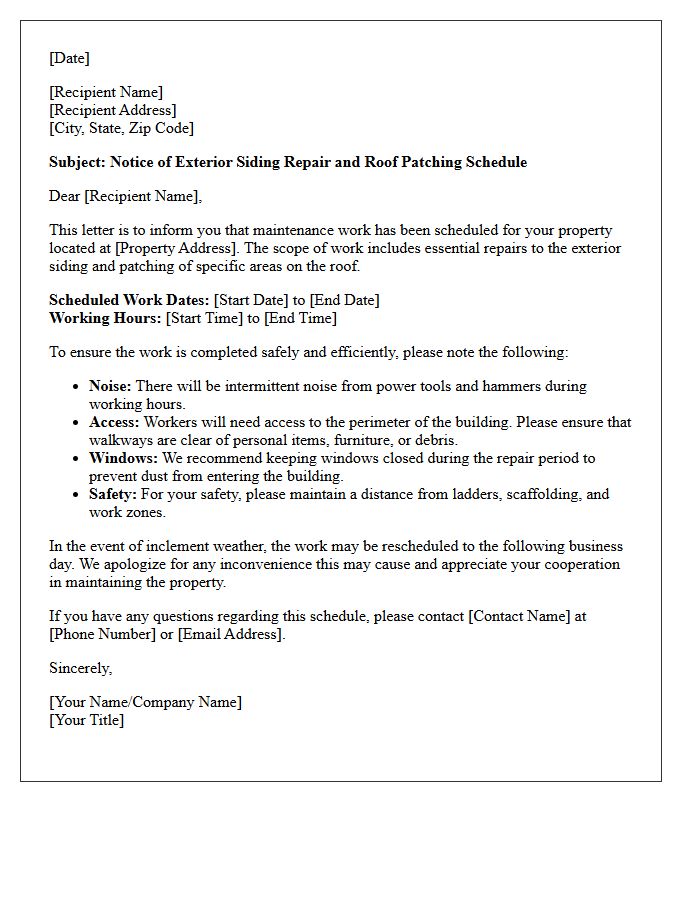 Exterior Siding Repair and Roof Patching Schedule Letter