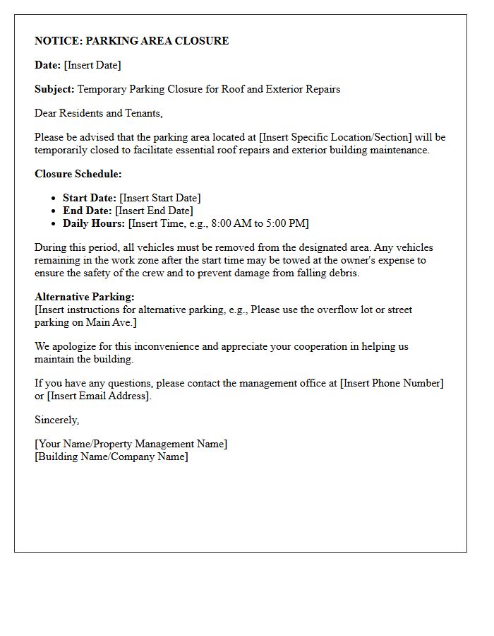 Parking Area Closure for Roof Repair and Exterior Work Letter