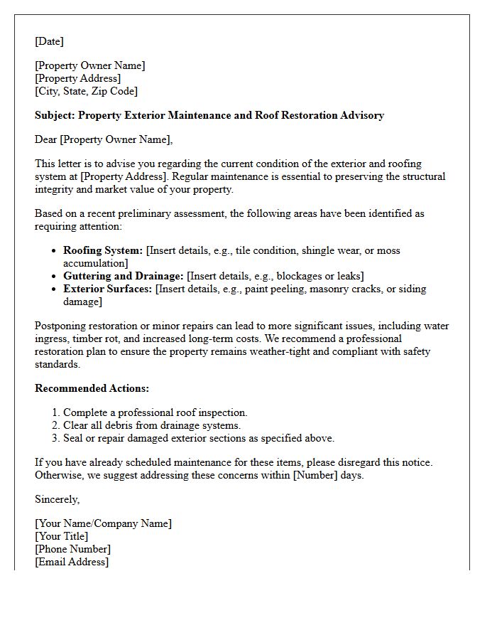 Property Exterior Maintenance and Roof Restoration Advisory Letter