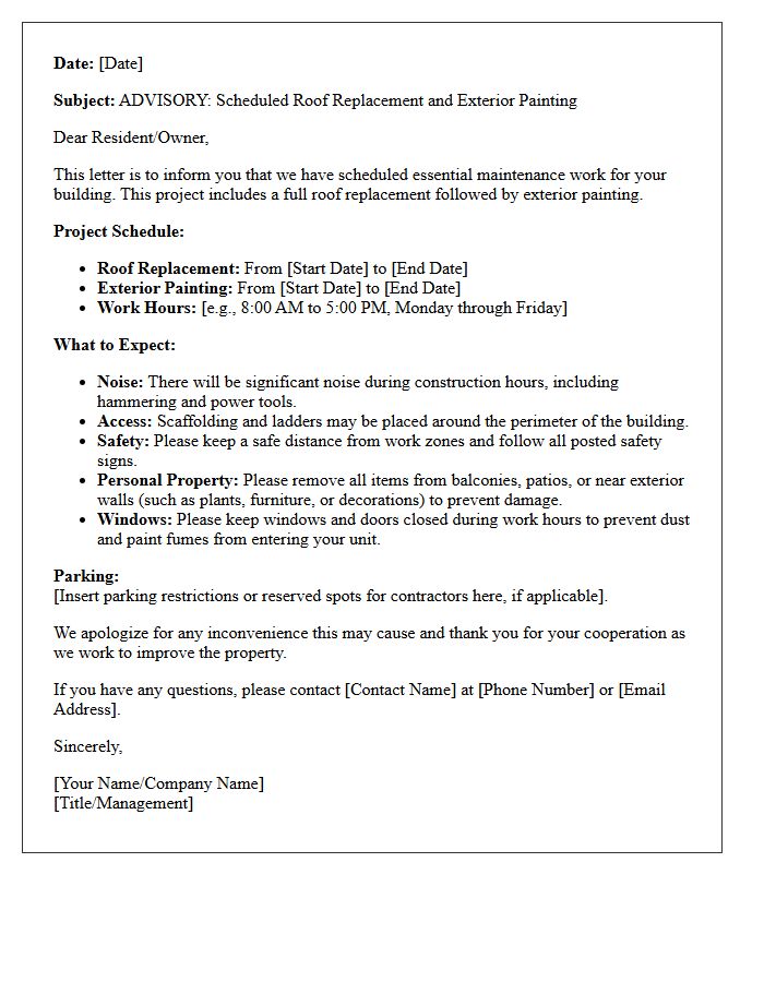 Scheduled Roof Replacement and Exterior Painting Advisory Letter