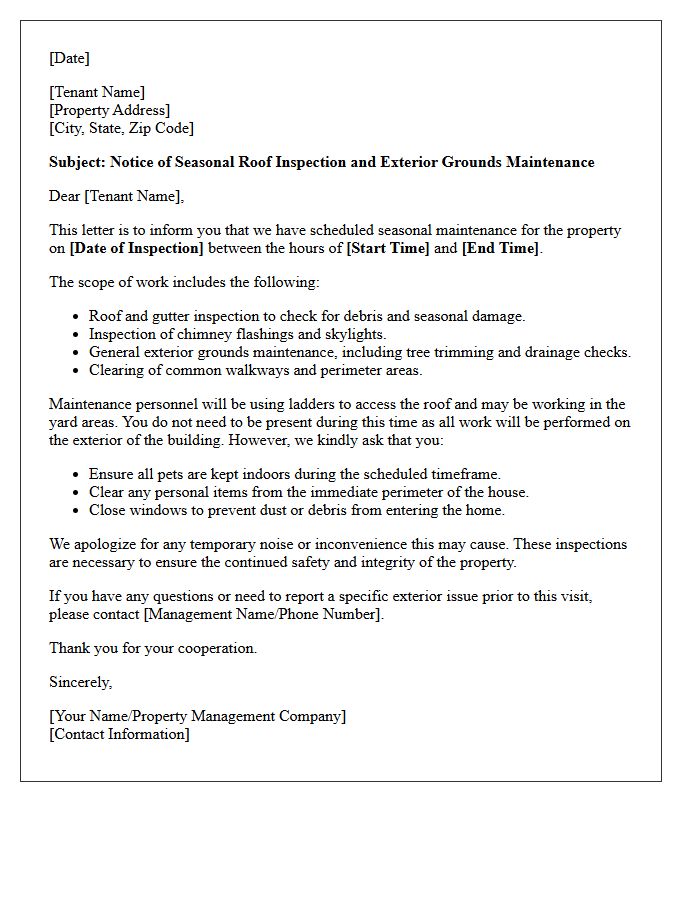 Seasonal Roof Inspection and Exterior Grounds Maintenance Letter