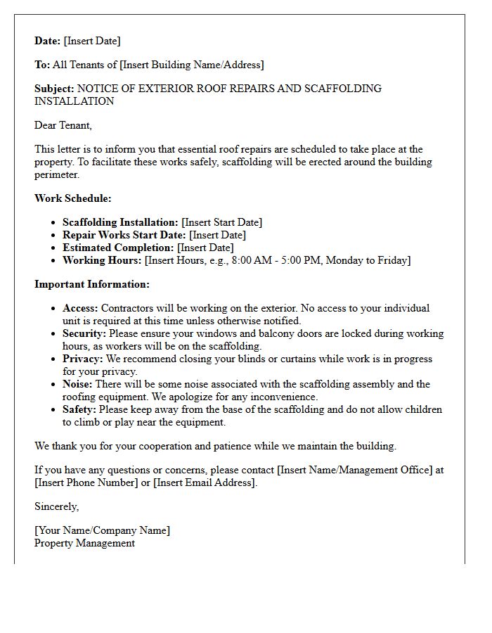 Tenant Notice for Scaffolding and Exterior Roof Repair Letter
