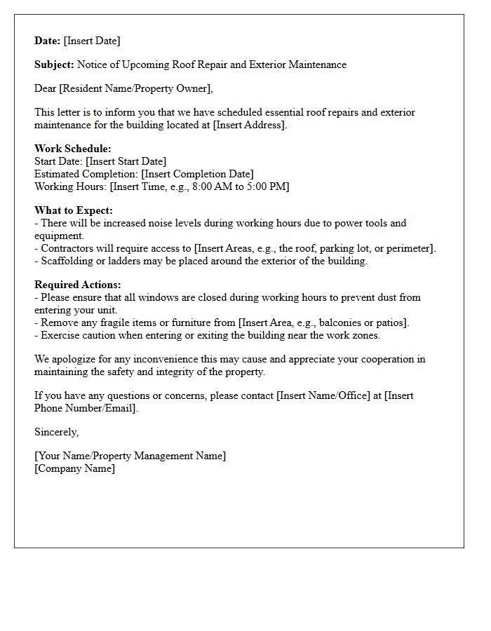 Upcoming Roof Repair and Exterior Maintenance Notice Letter