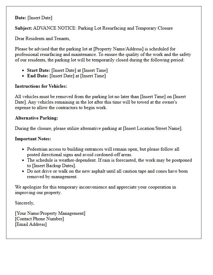 Advance Notice of Parking Lot Resurfacing Letter