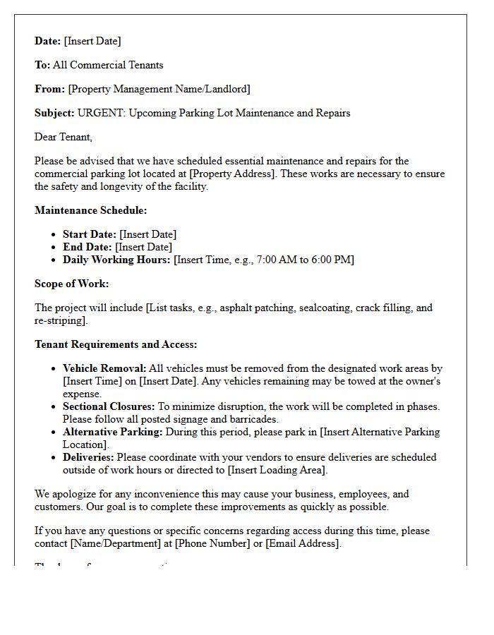 Commercial Tenant Parking Lot Maintenance Informational Letter