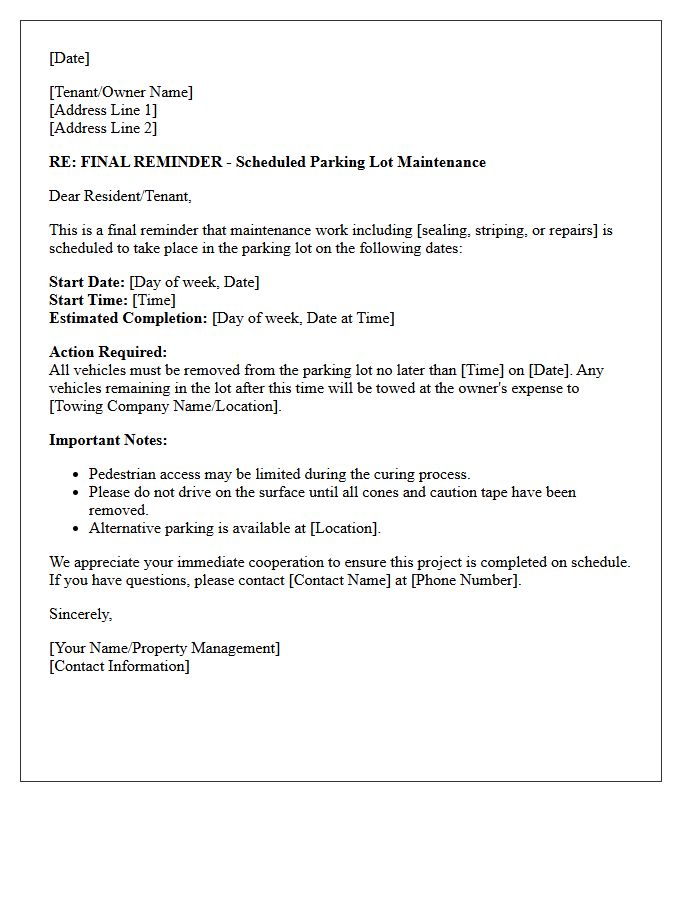 Parking Lot Maintenance Final Reminder Letter