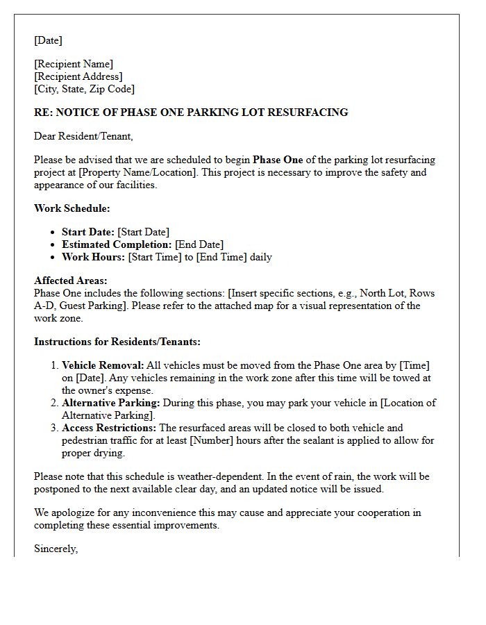 Phase One Parking Lot Resurfacing Schedule Letter