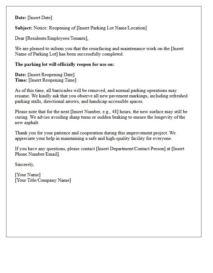 Post-Resurfacing Parking Lot Reopening Announcement Letter